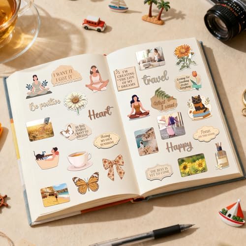 Brown Vision Board Stickers - 50 Pcs Travel Inspirational Planner Supplies Kit for Adults Women Motivational Aesthetic Mental Health Waterproof Decals for Book Scrapbook Journaling Keyboard