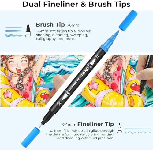 Ohuhu Adult Coloring Book Markers 160 Color Dual Tip Water-Based-Maui-Black | No Bleed Coloring Markers Fineliner & Brush Drawing Pens Art Pens for Kids Adults Sketch Journal