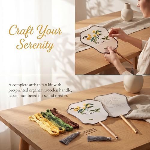 QIZUOLIFE Embroidery Fan Kit with Tutorial Videos, Loquat Pattern