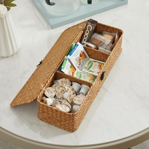 Nonam 3-Section Divided Storage Small Basket with Lid,Shelf Basket-Natural