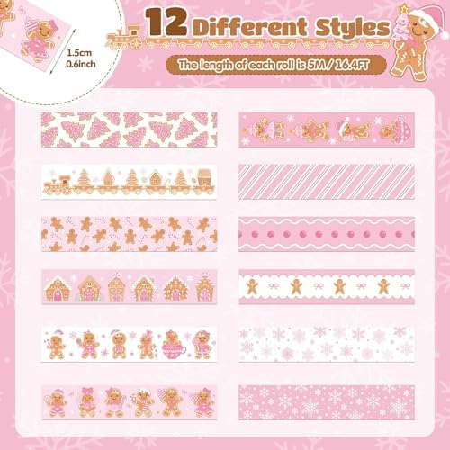 Pink Gingerbread Washi Tape - 12 Rolls Easy Tear Christmas Holiday Themed Tapes with Gingerbread Man & Snowflake Designs for Journal Decor, Gift Wrapping, Scrapbook, DIY Crafts Party Supplies