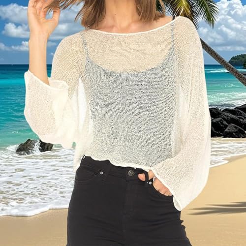 Nicoxijia Women Y2K Sheer Knit Poncho Top Lightweight Summer Beach Knit Shrug Shawl Bolero Off Shoulder Mesh Sweater Cover Up