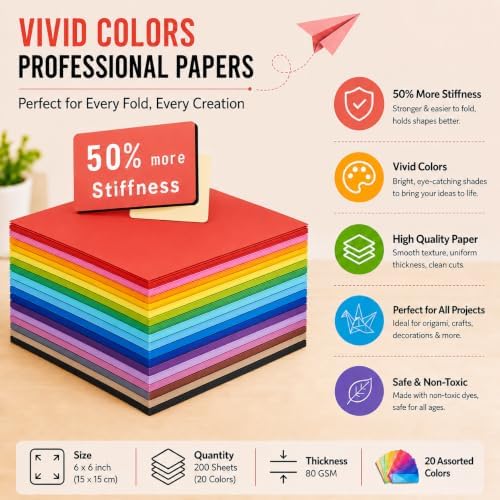 Origami Paper 200 Sheets 6 x 6 Inch Double Sided Colored Craft Paper | Easy to Fold,No-Fading Colors,Holds Crisp Creases ,Multi Solid Colors,Eco-Friendly Crafts for Kids,Handmade Projects,School
