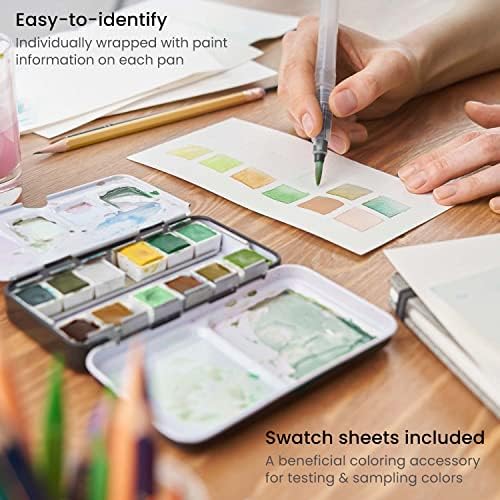 ARTEZA Watercolor Paint Set, 12 Earth Tone Half Pans with Water Brush