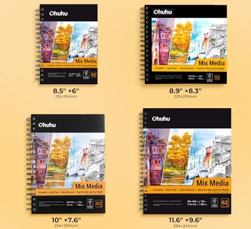 Ohuhu 5.5"x8.5" Mix Media Pad Art Sketchbook 62 Sheets for Painting Drawing | Small Sketch Book - 120 LB/200 GSM Heavyweight Paper - Spiral-Bound Mixed Media Paper for Watercolor Acrylic Christmas Gift