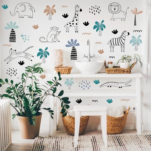 AOWDIAO Safari Wildlife Animal Wall Decals Line Art Peel & Stick Decor for Kids’ Room & Nursery
