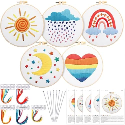 Yinder 5 Set Starter Embroidery Kit for Beginners Boho Cross Stitch with Patterns Embroidery Hoops Instructions Floss Punch Needlepoint Kits Crafts DIY Adult Beginner Cross Stitch(Rainbow)