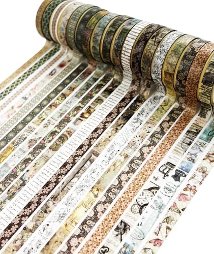 Retro Skinny Washi Tape Set 20 Rolls- Antique Patterns Masking Thin Basic Decorative Tapes for Arts, DIY Crafts, Bullet Journal, Planners, Scrapbook Decor, Gift Wrapping, Junk Journal