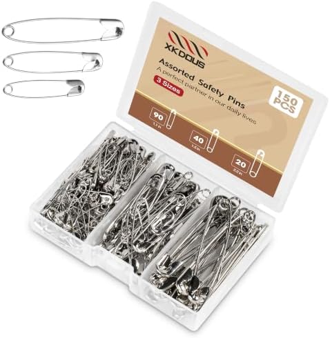 XKDOUS 150 Pack Safety Pins for Clothes 3 Universal Assorted Sizes, Sliver