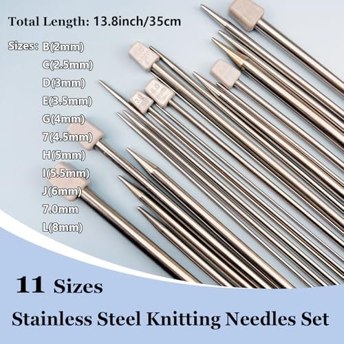 Hobekoee Knitting Needles Set,22Pcs 13.8" Straight Single Pointed Metal Knitting Needles Set and 10Pcs 40" Circular Knitting Needles Kit with Storage Bag for Beginners Knitting Lovers