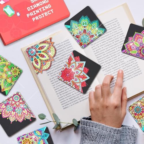8 PC Diamond Art Corner Bookmarks Kit for Adult Gem Craft Christmas Women | DIY Gem Leather Bookmark Small Paint by Dots Bookmarkers Mandala Flower Black Lotus