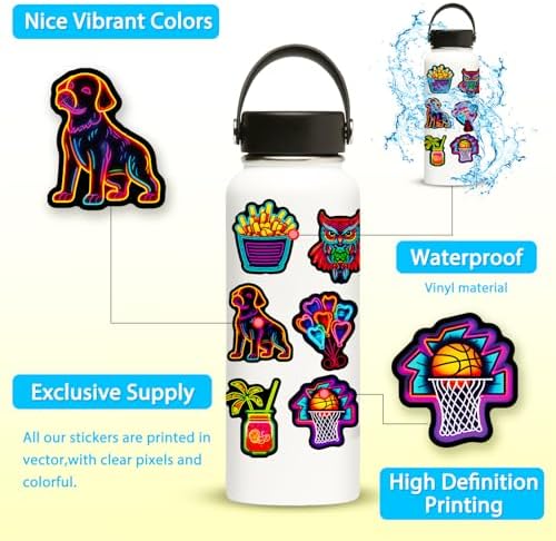 DothRayan 100Pcs Water Bottle Stickers, Cool Cute Neon Sticker Packs, Prizes for Kids Classroom Rewards, Waterproof Vinyl Stickers for Water Bottles Laptop Scrapbooking Skateboard