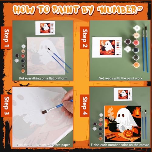 Nezyo 12 Pack Halloween Paint by Numbers Kit for Adults Beginner 8x8 Inch | Ghost Black Cat Witch Pattern, Paint by Number Frame Canvas, DIY Acrylic Easy Painting by Numbers for Home Wall Decor Party