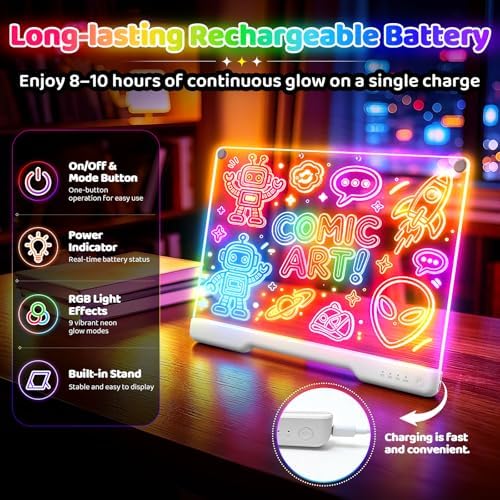 LED Drawing Board with 9 Light Effects, Rechargeable 16" Glow Doodle Note Message Board with Colors, Neon Light Up Drawing Pad Gift Ideas for Kids, Birthday, Christmas with Markers & Tracing Book