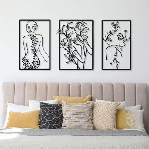 CHENGU 3 Pieces Metal Minimalist Abstract Woman Wall Art Line Drawing Wall Art Decor Single Line Female Home Hanging for Kitchen Bathroom Living Room