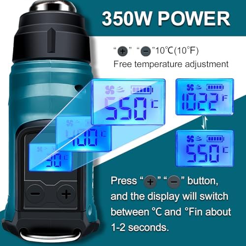 Cordless Heat Gun for Makita 18v Battery, 350W 122℉-1022℉ Fast Heating Soldering Hot Air Gun with LCD Digital Display for Shrink Tubing, PVC Wrap