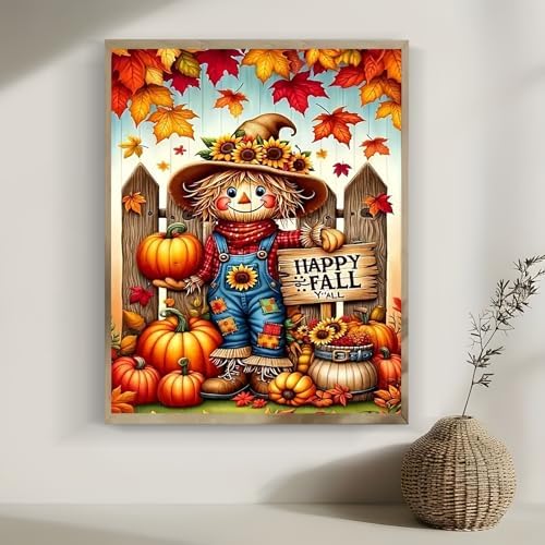 Happy Fall Scarecrow Diamond Painting Kits for Adults, 5D Pumpkin Diamond Art Kits for Adults Beginners, DIY Full Round Drill Diamond Dot Painting Gem Art Kits for Adult,Home Wall Decor 11.8x15.7 Inch