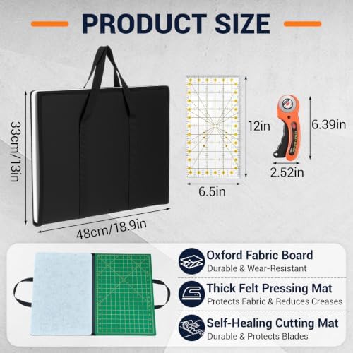 Nuanchu Fold Away Cutting & Pressing Station, 19 x 13 in Large Portable Quilting Sewing Mat Set with Felt Pressing Pad, Self-Healing Cutting Mat, 6.5 x 12 in Ruler, 45mm Rotary Cutter & 5 Blades