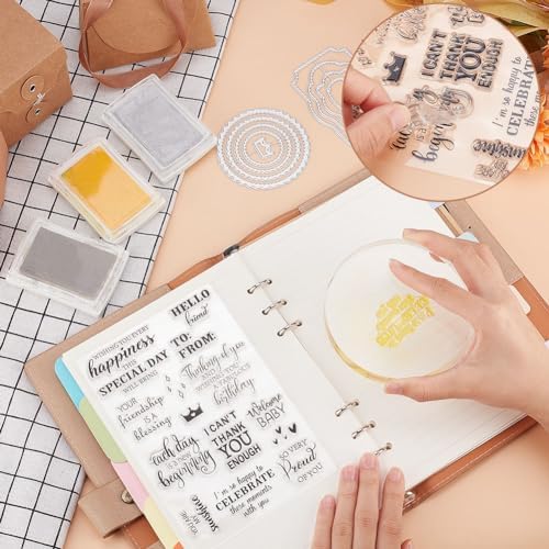 INFUNLY Word Stamp and Die for Card Making Label Rectangle Die Cuts Round Frame Metal Cutting Dies Inspirational Quotes Transparent Rubber Stamps for DIY Scrapbooking Paper Photo Album Decor