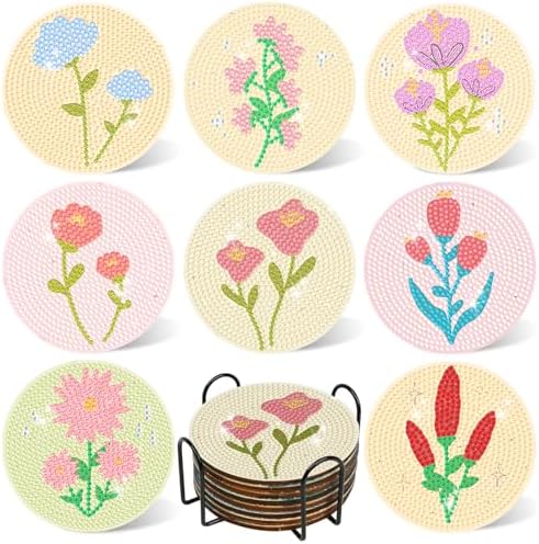 DOTSOPS 8 Pcs Flowers Diamond Art Coasters for Adults with Holder 4 in