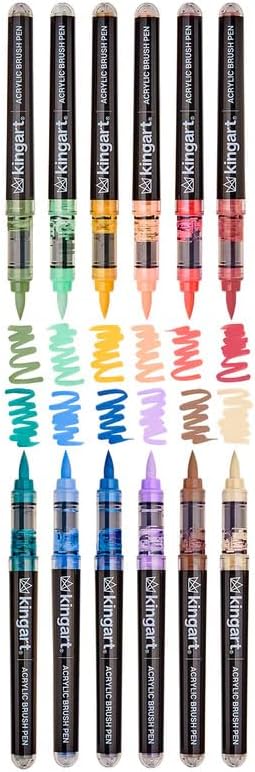 KINGART Acrylic Paint Markers Brush Tip, 12 Vintage Colors. Water-based, no-bleed, waterproof pens with automatic ink control for rock, egg, wood, fabric, glass & DIY crafts