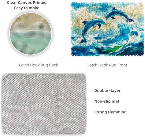Latch Hook Rug Kit Dolphins Leaping Out of Ocean Pre-Printed Handmade Carpet Crochet Yarn Craft DIY Hook and Latch Door Mat Tapestry for Home Floor Decoration 52x38cm-2