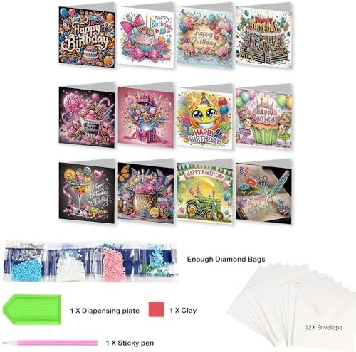 Zyvoreva 12 PCS 5D Diamond Painting Birthday Cards Kit, DIY Diamond Art Greeting Cards for Adults, Complete Hobby Craft Set for Card Making with Envelopes & Tools, Unique Handmade Gifts (Green)