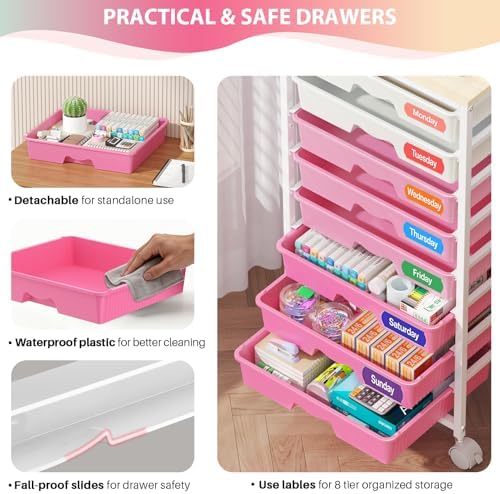 Goovilla Rolling Cart with 8 Drawers for Art, Dorm, Office, Craft, Pink