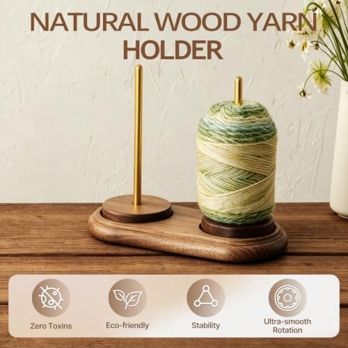 Rovarahoom Walnut Wooden Yarn Holder for Crocheting, Yarn Spinner Stand with Rotating Mechanism, Crochet Holder for Knitting Lovers Mom Craft Enthusiasts Great Gift - 2 Spindles