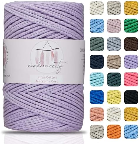 Makromecity, Cotton Macrame Cord 2mm x 195 Yards (590 feet) 2mm Recycled Cotton Crochet Yarn for Macrame Art & Crafts for Wall Hangings, Bags, Underplate, Rug (25 Colors Available) (Lilac)