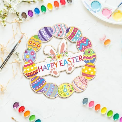 Large Size 12" Wooden Easter Ornaments to Paint, Wooden DIY Blank Unfinished Round Wood Discs Ornament Happy Easter Bunny Door Sign Egg Door Hanging Sign Plaque Crafts Hanging Decorations 3PCS