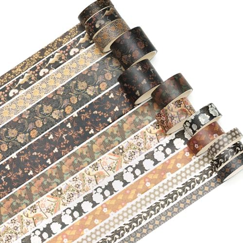 12 Rolls Kyoto Charm Washi Tape Set Japanese Arts Adhesive Tapes Geometric Garden Decorative Masking Tape Sets for Craft, Kids, Scrapbook, DIY, Gift Wrapping (Black Elegance)