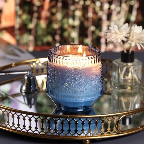 LAMORGIFT 13.5OZ Blue Glass Candle Jars for Making Candles, 6 Pack - Unique Empty Candle Jars Bulk with Bamboo Lids and Candle Making Accessories, Candle Vessels Containers for Candle Making