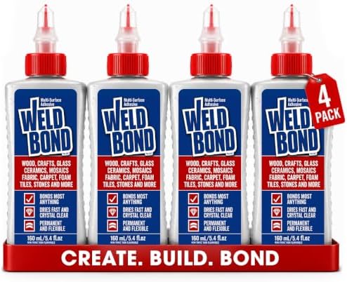 Weldbond Multi-Surface, Non-Toxic Glue, Bonds Most Anything! Use as Wood Glue or for Glass Crafts Ceramic Tile Mosaic Porcelain Stone Fabric Carpet & More. 4-Pack of 5.4oz /160ml
