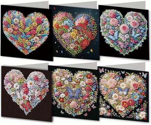 Diamond Art Cards with Envelopes–6PCS DIY Diamond Painting Greeting Cards Kit | Card Making Kit with Bling for Adults & Beginners | Birthday,Holiday & Thank You Cards (Heart Flower)