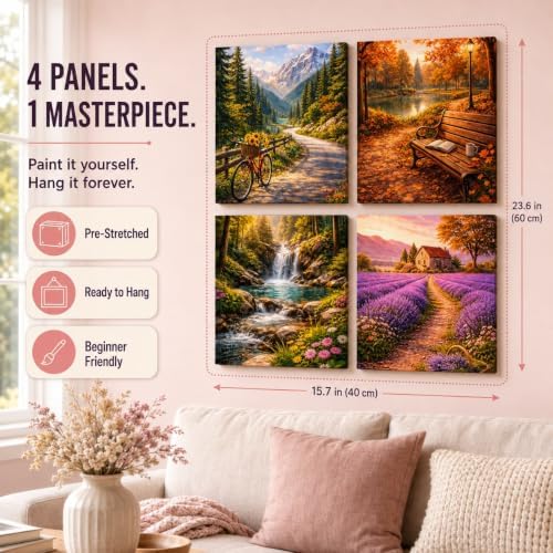 Paint by Numbers Kit for Adults, Set of 4 Framed Canvases, Four Seasons