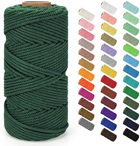 Macrame Cord 4mm x 109Yards (328Feet), Natural Cotton Macrame Rope - 4 Strands Twisted Macrame Cotton Cord for Wall Hanging, Plant Hangers, Crafts, Gift Wrapping and Wedding Decorations, Dark Green