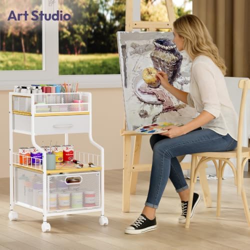 SWTYMIKI Under Desk Storage Cart- Art Storage Cart with Drawers & DIY Divider - Office Cart Organizer Under Desk Shelf, Craft Rolling Cart for Office, Craft Room & Studio White