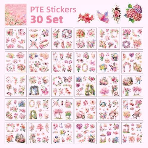 Rose Garden Series Sticker Scrapbooking Supplies for Junk Journal, 30 Sheets PET Stickers - Vintage Journaling Stickers, Ephemera Sticker Book Pre Cut(TZ-005-001)