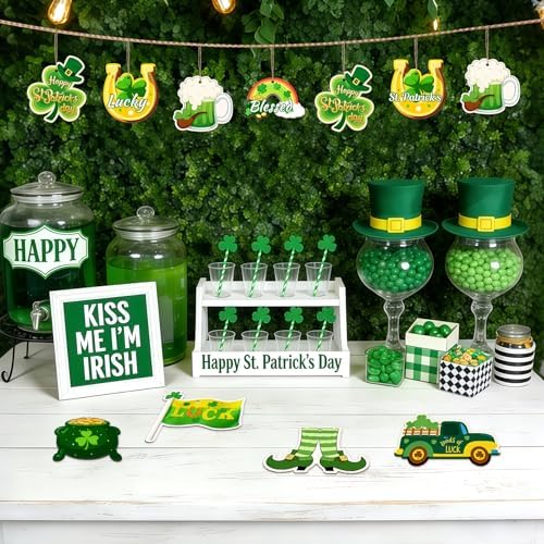 80PCS Wooden St. Patrick's Day Ornaments to Paint Shamrock Cutout Decorations,10 Styles DIY Blank Unfinished Wood Shamrock Cutouts Ornament for Tree Home Crafts Hanging, Hat Beer Gifts Indoor Spring