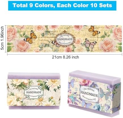 PH PandaHall 90pcs Vintage Plant Wrapper Tape, 9 Styles Flower Soap Packaging Paper Vertical Soap Paper Tag Soap Sleeves Covers for Handmade Soap Lotion Bars Bath Gift Wrapping, 21x5cm/8.2x1.9inch