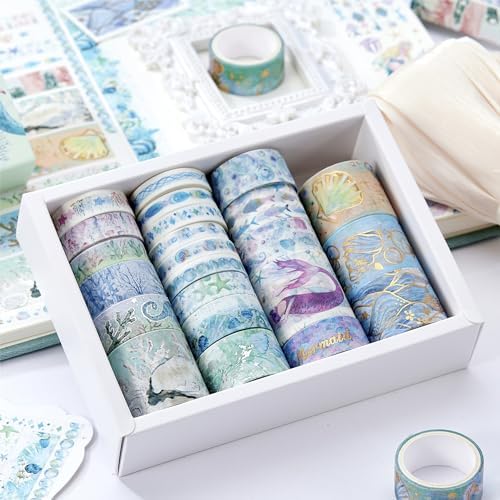 Marine Life Washi Tape Set 24 Rolls Gold Silver Foil Masking Underwater World Graphic Decorative Tapes for Arts, DIY Crafts, Journals, Planners, Scrapbook, Wrapping