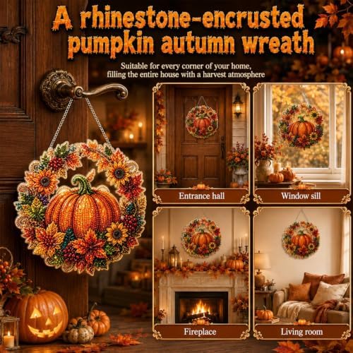 Silkivana Autumn Harvest Pumpkin Diamond Art Hanging Ornament Kit, DIY Acrylic Diamond Painting Hanging Sign for Window Wall Garden Home Fall Decor Handmade Craft Set