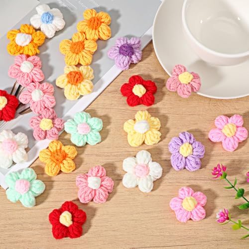 50 Pcs Cute Crochet Flowers Knitted Yarn Flowers Handmade Crochet Flower Sew/Iron On Patches, Beautiful Crocheted Floral, for Crafts Embellishments, Clothing, DIY Hair Headbands (14 Colors B)