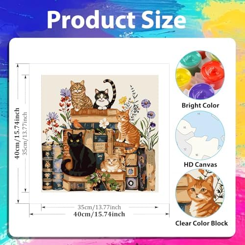 xcemhil Flower Cat Paint by Numbers Kit for Adults Beginner, Book Cat Acrylic Paint by Number Kits Suitable for Home Wall Art Decor Gifts 16x16 Inch