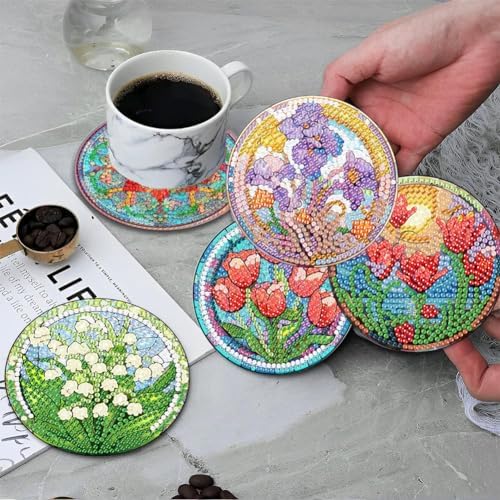 ijbnhd 8 PCS Flowers Diamond Art Coasters (Cork Wooden Pad)