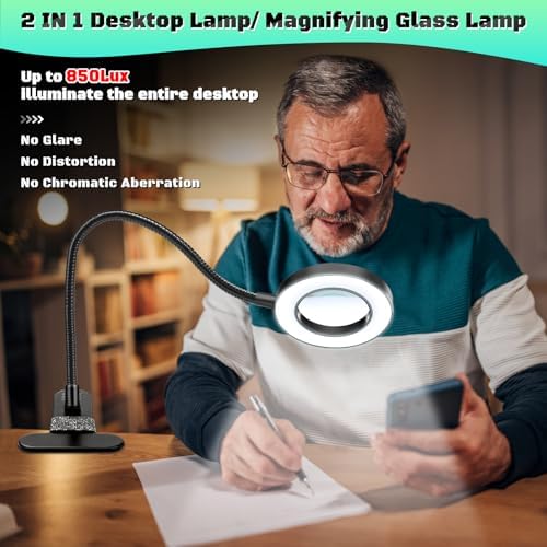 10X Magnifying Glass with Light and Stand,Hands Free Clip on Magnifier Lamp