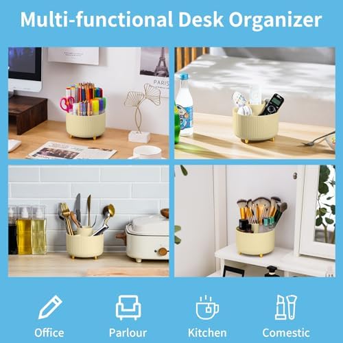 Marbrasse Desk Organizer, 360-Degree Rotating Pen Holder, Desk Organizers and Accessories with 5 Compartments Pencil Holder, Art Supply Storage Box Caddy for Office, Home (Yellow)