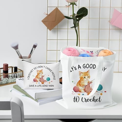 Y1tvei Crochet Canvas Tote Bag - 2Pcs Cosmetic Pouch Tote Bag Reusable Grocery Folding Shopping Bag for Crocheters Women
