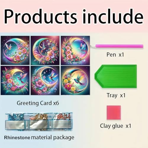 Diamond Art Cards with Envelopes–6PCS DIY Diamond Painting Greeting Cards Kit | Card Making Kit with Bling for Adults & Beginners | Birthday,Holiday & Thank You Cards (Hummingbird and Moon)